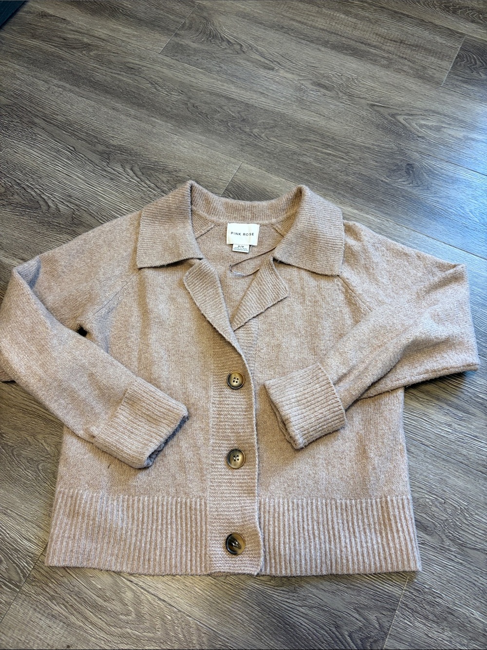 Pink Rose Women's Taupe Button-Front Collared Knit Cardigan